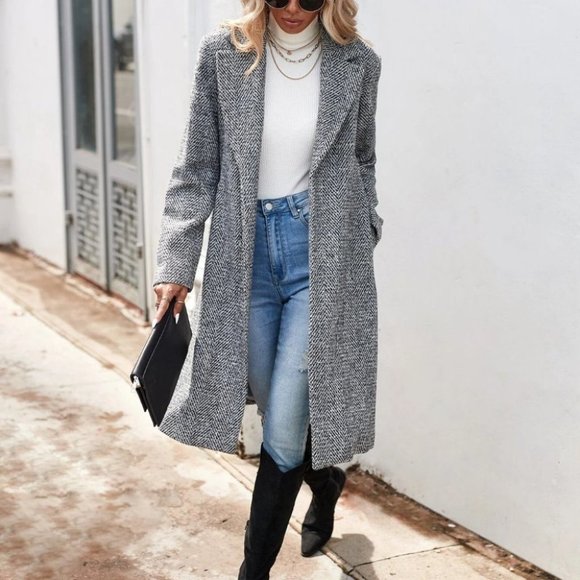 Chic open front herringbone jacket Overcoat - Picture 3 of 4